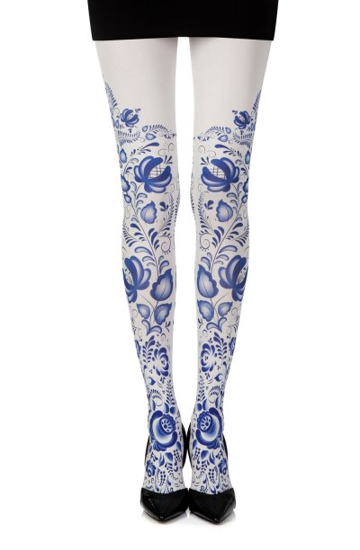 “Blue Orchid” Cream Print Tights
