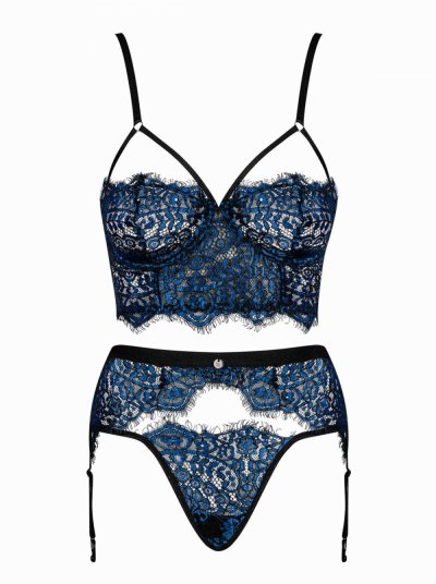 Yassmyne 3-Piece Lace Suspender Set - Blue