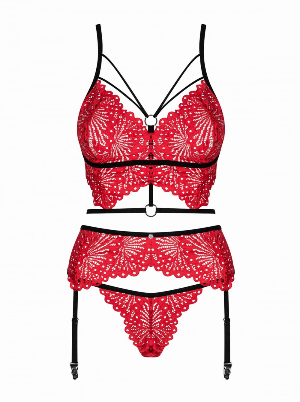 Mettia 3 Piece Lace Suspender Set - Black/Red L/XL černá Obsessive