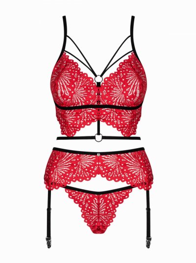 Mettia 3 Piece Lace Suspender Set - Black/Red