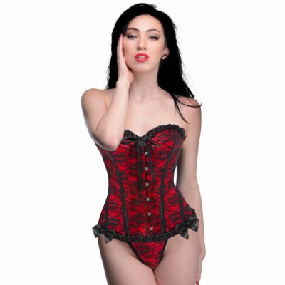 Scarlet Seduction Lace Corset & Thong - Black/Red